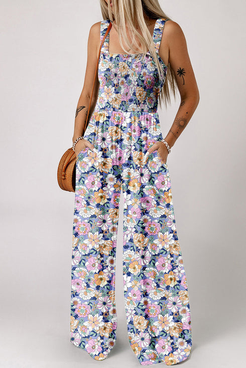 Retro Floral Print Smocked Bodice Wide Leg Jumpsuit
